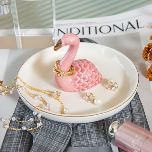 Flamingo Ring Holder Dish, Ceramic Jewelry Tray Trinket Dish for Necklace Keychain Organizer, Cute Funny Birthday Wedding Mothers Day Gift for Women Friends Girls - style: Flamingo