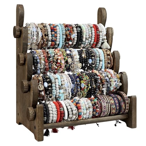 TOPNEW 4 Tier Wooden Bracelet Holder, Scrunchie Bangle Watch Necklace Display Storage Jewelry Holder Stand Display Organizer, Brown - color: 4 Tier Brown