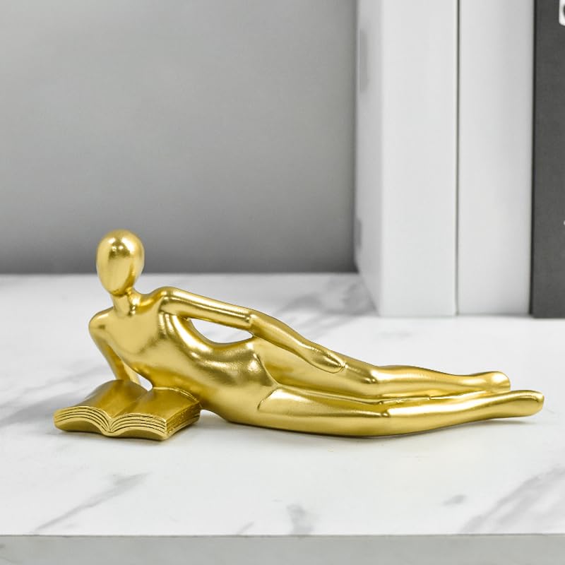 Gold Thinker Statue Reading a Book - Resin Modern Abstract Figurine Home Office Desk Decor, Unique Gift for Book Lovers (Style D) - color: Thinker-gold-d