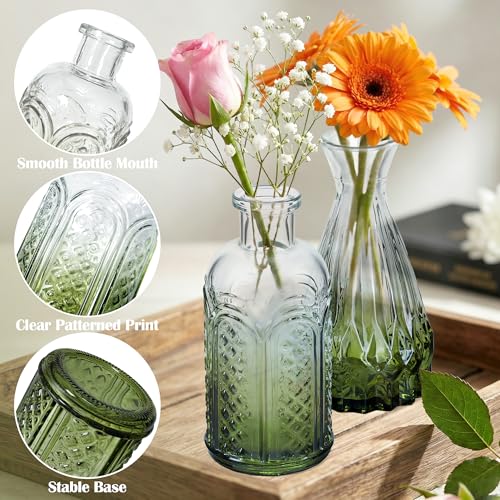 Glass Bud Vases in Bulk Set of 17, Dark Green Small Mini Vases for Flowers, Vintage Vase for Centepiece,Wedding, Table Decor, Baby Shower, Christmas, Home and Events - color: Geen and White
