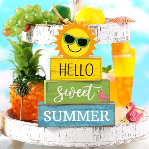 Yuntau 4 Pcs Summer Table Decoration Hello Sweet Summer Tiered Tray Decor Rustic Wood Flamingo Centerpiece Summertime Decorative Block Signs Farmhouse Tabletop Decor for Home Kitchen Shelf Office - style: Sunshine