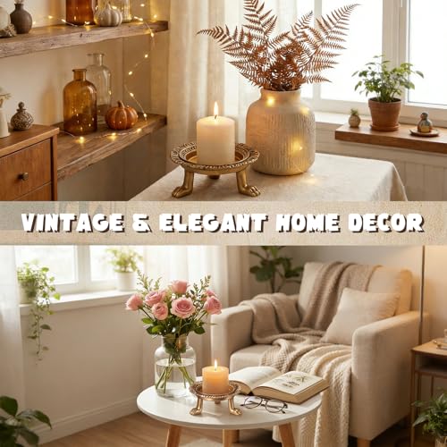2 Pack Brass Color Candle Holder Pedestal Dish Stand Gold Vintage Tray Clawfoot Plate Decor for Jewelry Wax Ring Trinket
