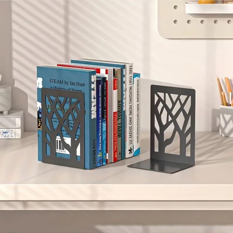 2 Pieces Black Book Ends for Shelves, Modern Tree Design Decorative Bookends, Non-Slip Heavy Duty Metal Book Stopper - 7 x 4.7 x 3.5”