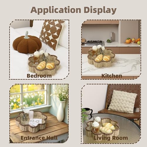 GYASVWU Paper Rope Scalloped Tray, Wicker Trays for Decor, Shallow Baskets for Storage, Rattan Tray for Coffee Table/Living Room/Bedroom Organization (Beige+Brown)