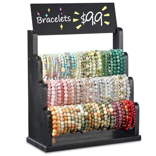 Emfogo Bracelet Holder with Advertising Board, 3 Tier Bracelet Organizer Stand Storage for Bracelets Bangles Watch Scrunchies, Rustic Wood Jewelry Display for Vendors, Craft Shows & Store (Black) - color: Black