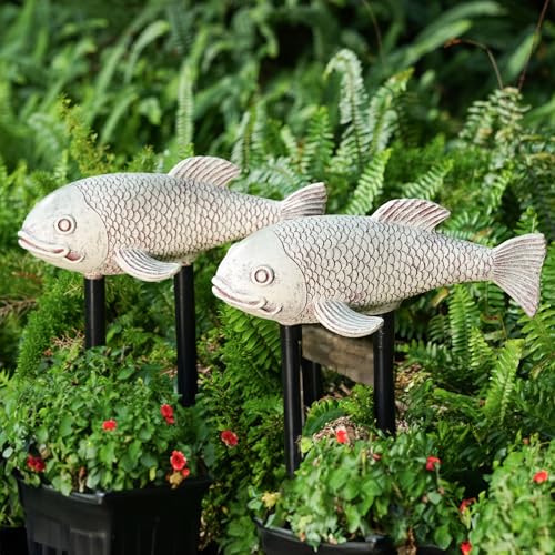 Teaeeno Set of 2 Antique Koi Fish Statue, Outdoor Garden Sculpture for Patio, Backyard, Pond, and Home Decor (White) - color: White