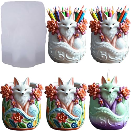 1 Pc Fox Resin Storage Box Silicone Mold Animal Flower Pot Epoxy Jar Candle Mold for DIY Crafts Candlestick Home Decoration Plaster Cement Concrete Craft Soap Thanksgiving Party Favors - color: Fox Resin Mold