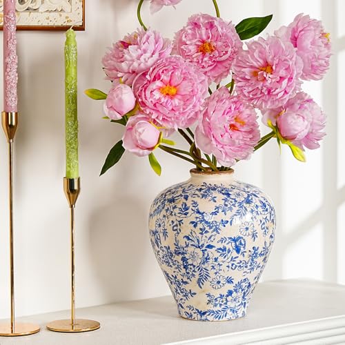 Sungmor Vintage Ceramic Flower Vase - 9.4 Inch Retro Ice Cracked Glaze Chinoiserie Vase, Rustic Farmhouse Home Décor Accent for Dried Flowers, Greenery - Table Centerpieces, Shelf, Mantel Decor - color: Blue&white