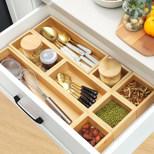 Bamboo Drawer Organizer Set, 9 PCS Multi-Use Individual Wood Storage Organizers, Junk Drawer Divider and Storage Trays Containers for Kitchen, Bathroom, Office Desk, Makeup, Jewelry, Utensils - size: 9