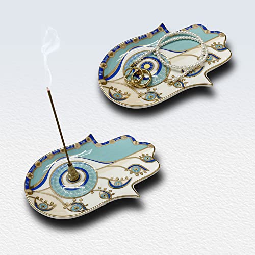 Ceramic Hamsa Hand Incense Holder - 2 in 1 Brass Incense Holder for Sticks and Coil Incense- Zen Decor with Hand of Fatima Design Protection from Evil - 6.2" L X 4.5" W (Blue) - color: Blue