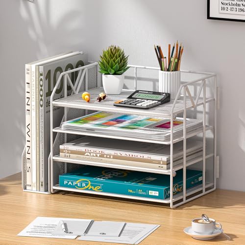 4-Tier Paper File Organizer with Drawer, Metal Desk Organizer, Tiered Paper Tray for Letter/A4 Files, Desktop Office Supplies Storage Rack, White - color: 4-Tier White with Bookend