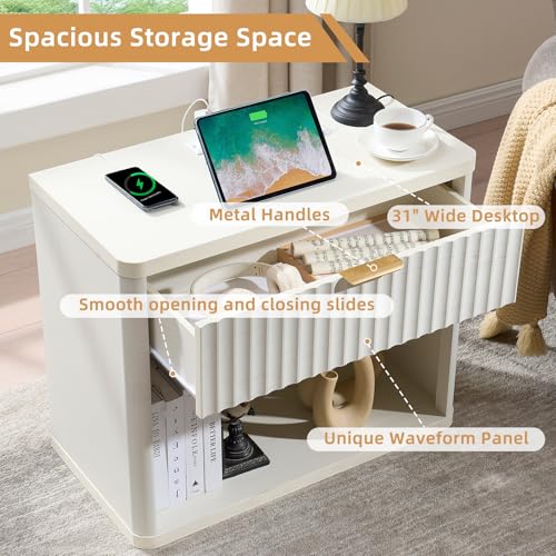 LEYAOYAO 31" Wide Fluted Nightstand with Charging Station, Oversized Extra Large 1 Drawer Night Stand with Golden Handle, White Wood Bedside Table Tall End Tables,for Bedroom, Living Room, Hallway - color: White, size: 1 Drawers