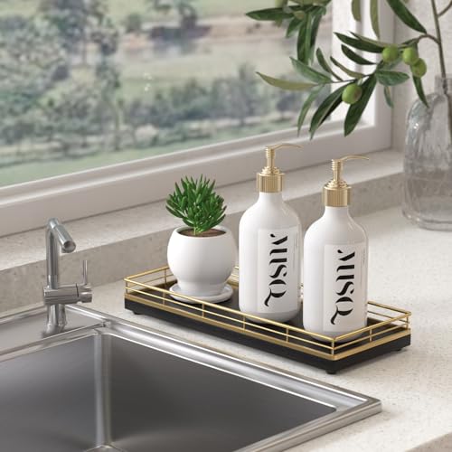 Wooden Decorative Tray, Oak 11.2" L Coffee Table Tray for Kitchen Countertop Soap Sponge Holder Candle Nightstand Table Centerpieces for Dining Room Decor Black Gold - color: Gold, size: 11" x 4.3" x 1.5"