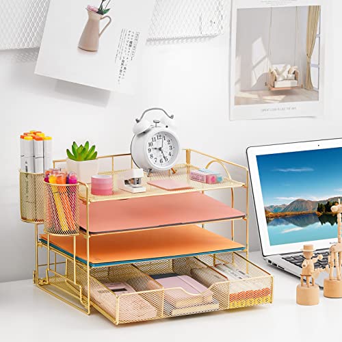 Lavatino Paper Letter Tray Organizer with File Holder, 4-Tier Desk Accessories & Workspace Desk Organizers with Drawer and 2 Pen Holder for Office Supplies (Gold) - color: 4 Tier - Gold