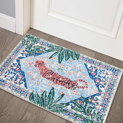 Tropical Rugs, 3x5 Thin Boho Small Area Rugs for Bathroom Kitchen Small Indoor Entryway Rug Modern Vintage Distressed Summer Jungle Plant Accent Carpet Non-Slip Washable - color: Blue, size: 3' x 5'