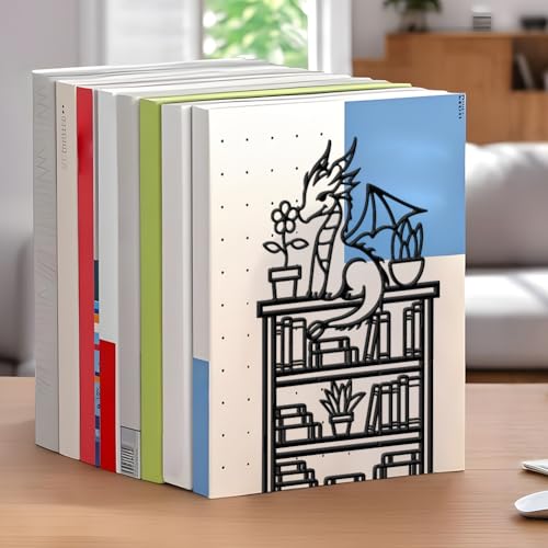 WADORN Dragon Reading Book Metal Bookends for Shelves Decorative 1 Pair, Heavy Duty Books End Support Non-Skid Book Holder Black L-Shaped Book Stopper for Home Office Desk Book Divider, 4.7x3.5x7 Inch - color: Dragon Bookshelf