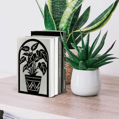 Peacoblue Metal Bookends for Shelves, Modern Decorative Heavy Duty Study Book Ends Stoppers for Office, Desk, Shelf, Room 5.3"x4.3"x7.9" Cast Iron Simple Tall Bookends 1 Pair (Potted Plants) - style: Potted Plants