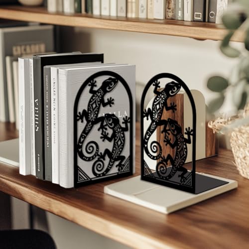 Peacoblue Metal Bookends for Shelves, Modern Decorative Heavy Duty Study Book Ends Stoppers for Office, Desk, Shelf, Room 5.3"x4.3"x7.9" Cast Iron Simple Tall Bookends 1 Pair (Geckos) - style: Geckos