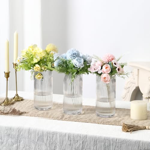 Clear Glass Vases, Flower Vases Set of 3, Ribbed Glass Vase for Tulips, Tall Cylinder Glass Vases for Living Room, Bedroom, Dining Table, Office, Wedding, Bookshelf Decoration, 8 Inches - color: Clear, size: 8'' X 3Pack