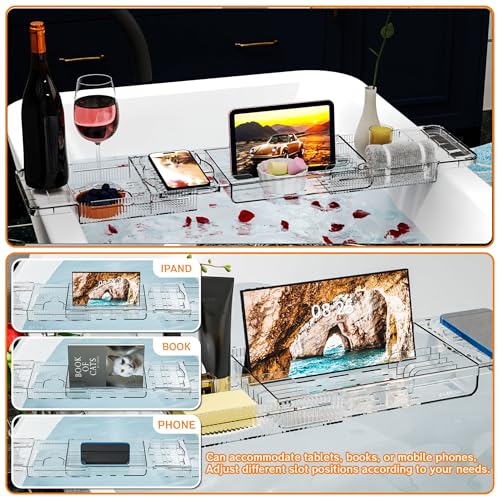 Yieach Luxury Tub Tray for Bathtub Expandable,Clear Bath Shelf Over Tub and Acrylic Bathtub Tray,Plastic Bath Board & Table,Bath Caddy Tray & Accessories for Mothers,Mom and Women Relaxing Spa Gifts - size: M - (22.3 to 31.8 in）