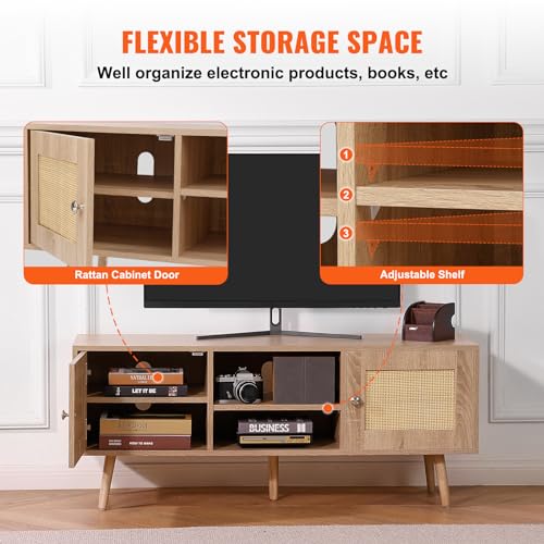 VEVOR Rattan TV Stand, Boho TV Cabinet for 55 inch TV, Mid Century Modern TV Stand, Rattan TV Console with Adjustable Shelfs for Living Room, Media Room, Oak - color: Oak, size: for 55" TVs