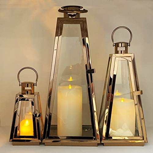 allgala Lantern Jumbo Deluxe Modern Indoor/Outdoor Candle Stainless Steel Rectangular Frame with Lattice Grid Tempered Glass for Garden Poolside Fireplace Wedding (Pack of 3, 24 Inch, Rose Gold) - color: Taper Rose Gold