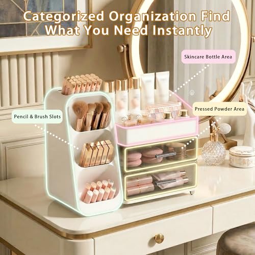 Large Capacity Makeup Organizer Countertop with Makeup Brush Holder for Vanity, Thickened Material, Bathroom Countertop Organizer Skin Care Perfumes Storage, Teen Girl Gifts for 12-23 Year（white） - color: White