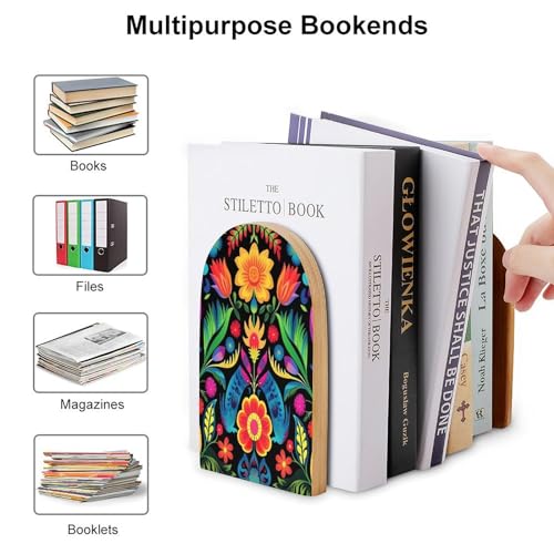 2 PCS Wood Book Ends,Mexican Style Colorful Striped Flower Bookends for Shelves Non Skid Book Ends for Office Home Kitchen, Bookends for Holiding Books 5x3 Inch