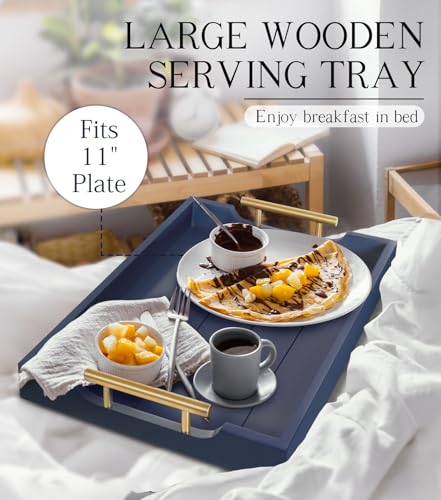 SXNOWS Coffee Table Tray - Large Ottoman Tray for Living Room - Wood Serving Tray with 2 Sets of Handles - Wooden Trays for Coffee Tables, 4 Round Coasters Included, Deep Blue - color: Navy Blue