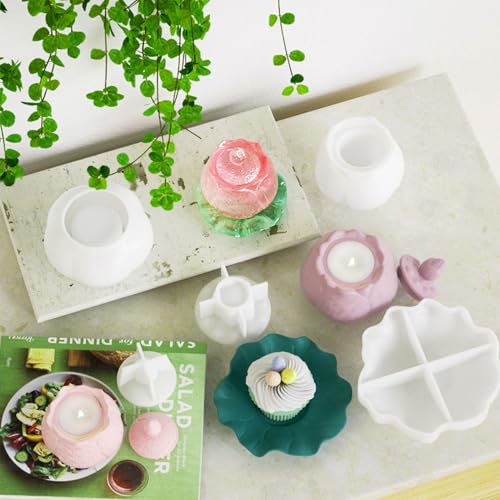 Lotus Embossed Resin Jar Mold with Lid, Silicone Mold for Epoxy Resin Casting, Small Storage Container, Candy Jar, Candle Holder, DIY Home Decor (style7)