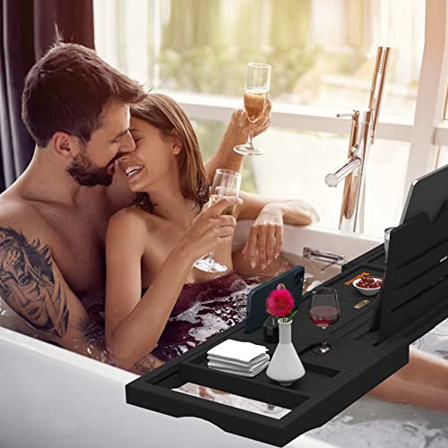 Premium Bathtub Tray Caddy - Expandable Bath Caddy Tray - Adjustable Bamboo Bath Caddy Tub Table - Unique House Warming Gifts New Home - Black - color: Black