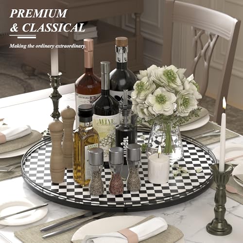 24" Black and White Kitchen Lazy Susan Turntable, Round Checkered Decorative Tray, Large Lazy Susan for Dining Table Centerpiece, Pantry, Kitchen, Bathroom, Countertop, Cupboard, Home Decor - color: Black & White, size: 24 inches