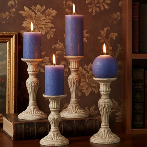 Dark Blue Rustic Textured Pillar Candles Set - 4 Pcs Assorted Sizes Unscented Pillar Candle, Decorative Farmhouse Candles for Home Centerpiece Decor, Holiday Dinner Table, Dripless & Smokeless - color: Royal Blue