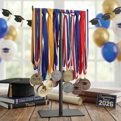 Vicenpal 2026 Graduation Medal Display Stand Countertop Graduation Decoration Adjustable T Bar Display Stand Honor Medal Hanger Rack Award Holder Graduations Birthday Party Anniversary Decor