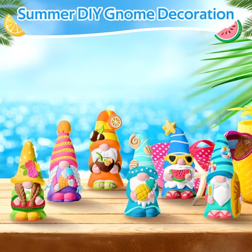 Arrowbash 6 Pcs Summer Ceramics to Paint Ready to Paint Your Own Gnome Statues 5.12 Beach Theme Paintable Figurines DIY Unpainted Ceramics Plaster Crafts Kit with Brush Palette - style: Summer