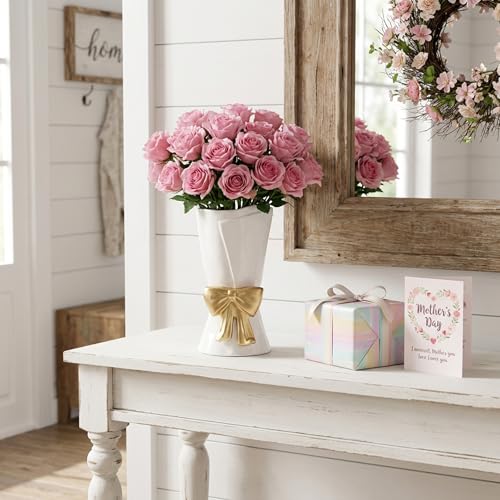 Relexome Fully Glazed White Ceramic Gold Bow Vase 9.64 in Unique Cute Modern Decorative Bouquet Flower Vases for Home Living Room Table Mother's Day Decor Women Gifts - color: White-gold