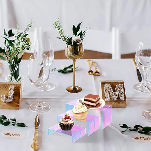 12 PCs Iridscent Risers Display Stands 3 Tiers Desktop Acrylic Shelves Small Cake Dessert Holder Products Stand for Collectibles Shoes Jewels Pop Figure (Iridescent2) - color: Iridescent2
