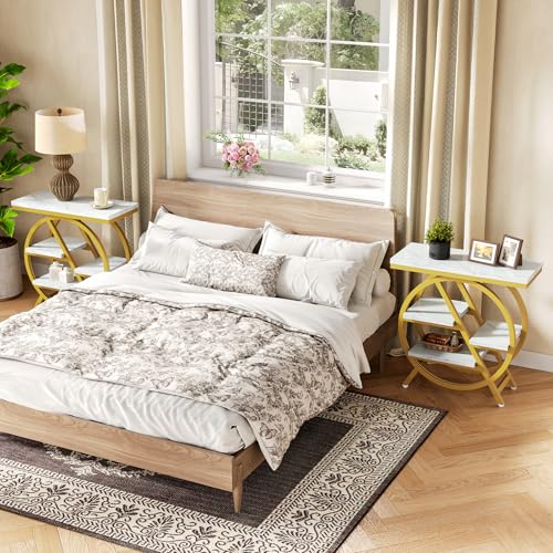 LITTLE TREE End Table, 4-Tier Narrow Faux Marble Side Table with Large Storage Space, Modern Nightstand and Bedside Table for Living Room, Home Office, Bedroom, White and Gold - color: White and Gold