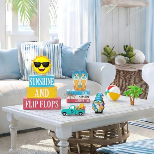 Vercraft 11 Pcs Summer Decorations Set Sunshine Tiered Tray Decor Hello Sweet Summer Wooden Blocks Flip Flops Coconut Tree Centerpiece for Home Office Decorations - style: Hawaiian