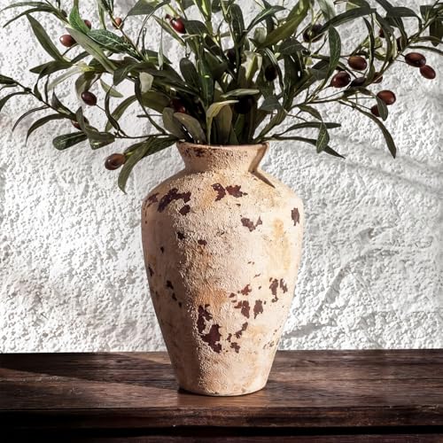 Rustic Ceramic Vase Terracotta Farmhouse Vase for Flowers Stone Vases 9.5 Inch Retro Country Table Centerpieces Vintage Home Decor for Living Room Shelf Entryway Kitchen Wedding Party Decor