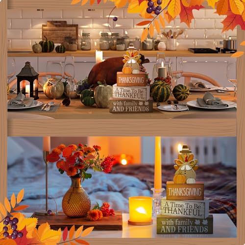 Lineshading 4 Pcs Thanksgiving Decoration for Home Wooden Turkey Decor Thanksgiving Table Centerpiece Fall Tiered Tray Decor Rustic Decorative Turkey Block Signs Gift for Home Kitchen Shelf - style: Elegant Turkey