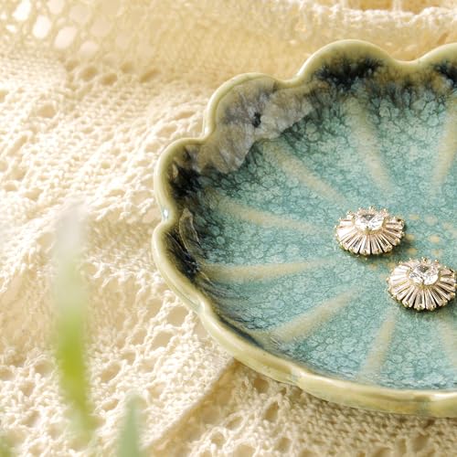 Lotus Ring Holder Dish Small Indoor Ash Tray, Ceramic Dessert Plate Trinket Jewelry Holder Organizing Necklace Earrings for Parents Friends Sister, Deep Green. All Jewelries Are NOT Included. - color: Crystal Green-Round