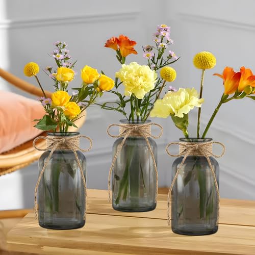 Vintage Glass Vases for Flowers, Set of 3 Grey Vases for Farmhouse Wedding Centerpiece Cylinder Bottle for Reception Table Decoration Home Decor Floral Arrangements - color: Gray, size: Large-3Pcs