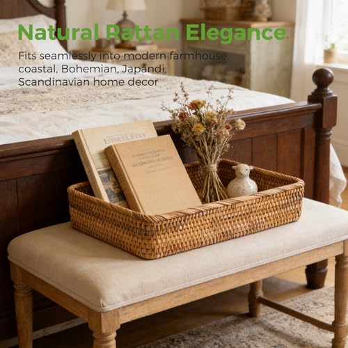 Wicker Storage Tray, Rattan Basket Rectangular for Bathroom Living Room, Decorative Serving Woven Trays Wicker Baskets for Organizing Home Decor L(15.7" × 11") - style: L (15.7" × 11")