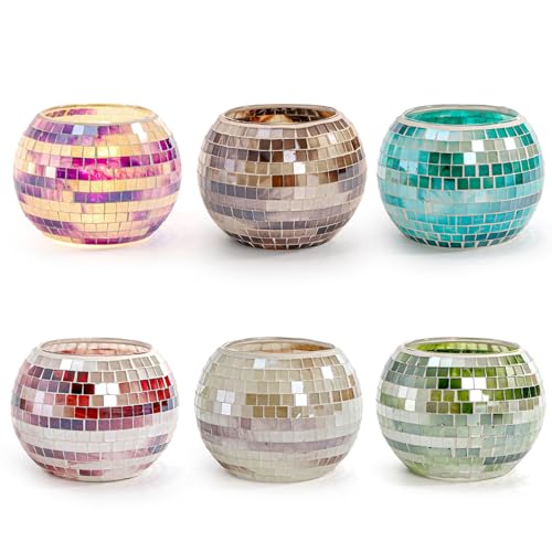 SOUJOY 6 Pack Votive Candle Holder, Handmade Mosaic Glass Tealight Holders, Diwali Decorative Scented Candle Bowl for Valentine, Party, Christmas Table Centerpiece Decor