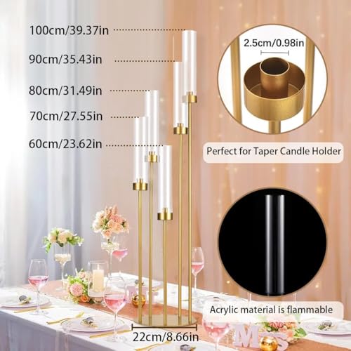39.4'' Tall Gold Floor Candelabra，Set of 8PCS 5 Arm Candle Holder Tall Floor Candle Holder with Acrylic Lampshade for Wedding Table Birthday Party Home Decoration Fit LED Taper Candles - color: Gold, size: 8pcs