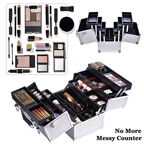 Joligrace Extra Large Makeup Train Case 6 Tray Make Up Artists Organizer Box Lockable Cosmetic Jewelry Toiletries Carrier Crafters Tool Cases with Adjustable Dividers & Shoulder Strap - Silver - color: Silvery White