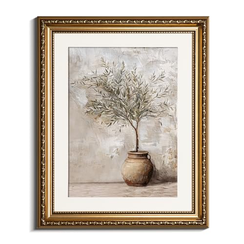 InSimSea Gold Picture Framed Wall Art, Living Room Vintage Olive Tree in Vessel Wall Decor, Still Life Botanical Canvas Print Art, Home Farmhouse Decor, Antique Paintings with Frame 13x16inch - color: Olive Tree, size: 16"L x 13"W