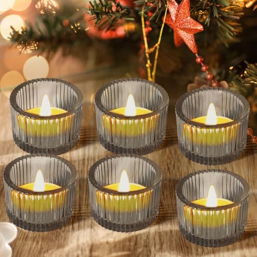 JOYIT Black Votive Candle Holders Bulk Set of 6, Tealight Candle Holder for Wedding Table Centerpiece, Glass Small Candle Holders for Birthday Party, Valentine's Day, Home Decor (2''X 1.4'') - color: Black