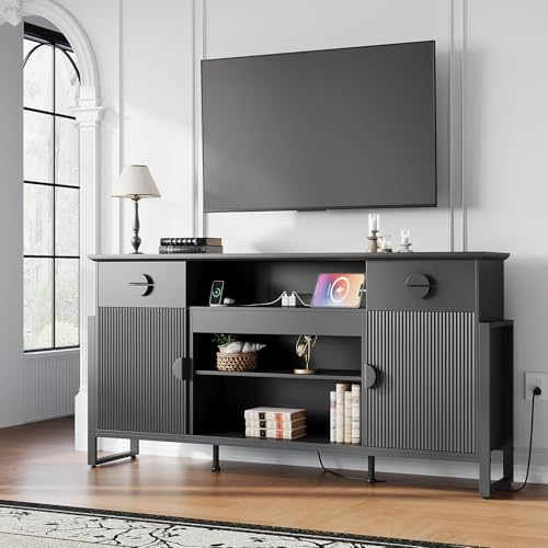 LGHM 70'' Fluted TV Stand with Power Outlets, Stylish Modern Entertainment Center with Drawers for TVs Up to 80”, 38'' Tall TV Stand, Media Console for Living Room, Metal Legs Design, Black - size: 38''H TV Stand